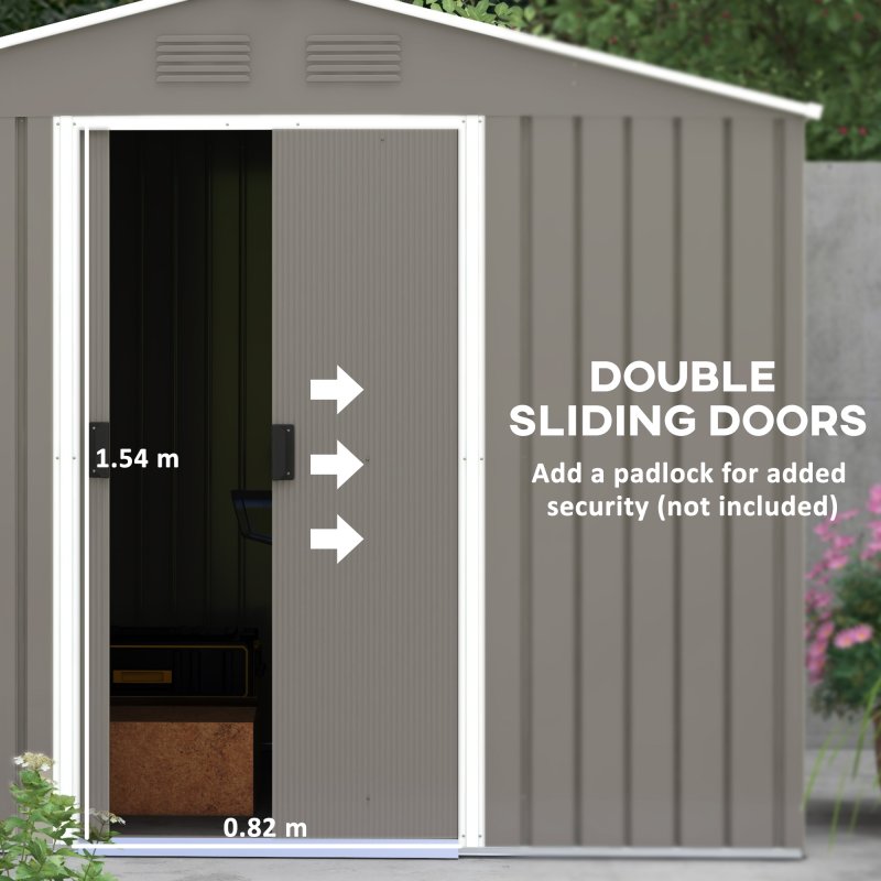 Outsunny 7.7 x 5.7ft Metal Garden Shed, Galvanised Outdoor Tool Storage House with Ventilation Slots and Sliding Doors, Light Grey
