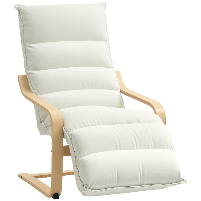 HOMCOM Birch Wood Lounge Chair, Upholstered Recliner Lounge Seat with Adjustable Footrest, Modern Armchair for Living Room, Bedroom, Balcony, Office, Cream White