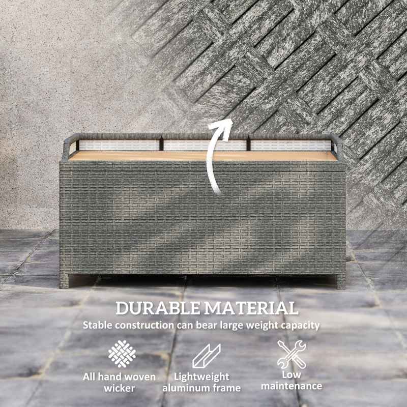 Outsunny PE Rattan Outdoor Storage Bench, Aluminium Garden Bench with Storage Underneath w/ Zipped Inner Lining, Rods for Deck, Grey