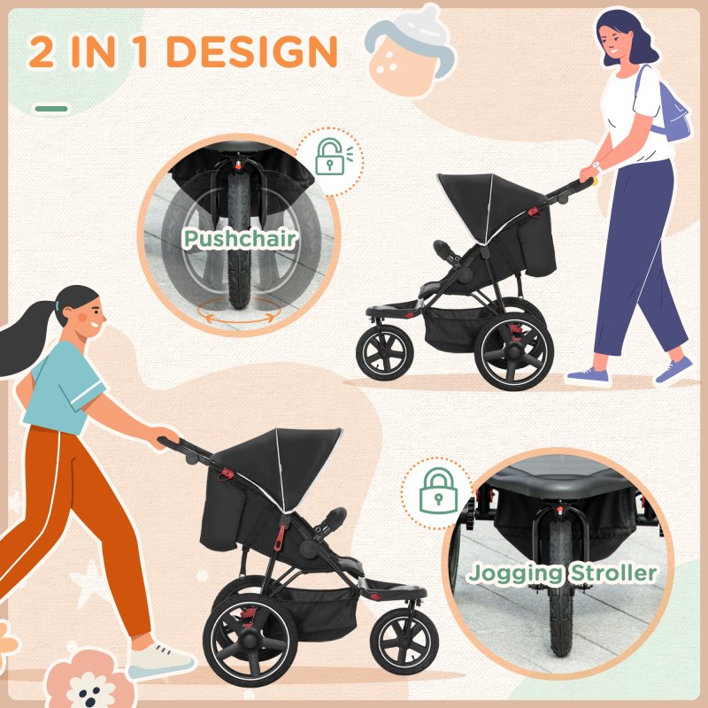 HOMCOM Baby Stroller Pushchairs 2 in 1 Lightweight Travel Pram Buggy Foldable with Reversible Seat, Fully Reclining Backrest, from 0 to 3 Years, 0 to15kg - Black