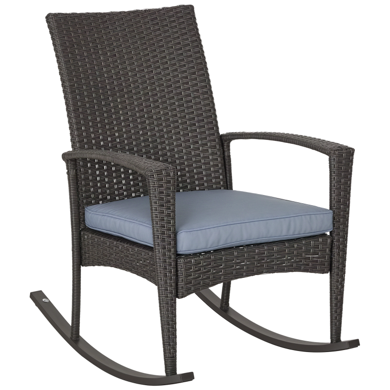 Outsunny PE Rattan Garden Rocking Chair, Outdoor Rocking with Cushion, 160 KG Capacity Wicker Garden Armchair Rocker with Metal Frame for Patio, Porch, Balcony, Grey