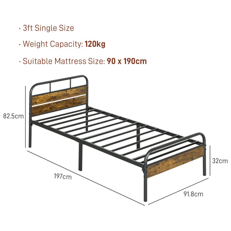HOMCOM 3ft Single Bed Frame with Headboard, Platform Bed Frame with Underbed Storage, Slat Support, No Box Spring Needed, Easy Assembly, Rustic Brown