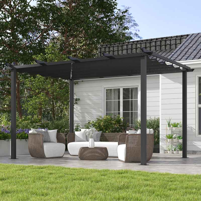 Outsunny 3 x 4m Pergola with Retractable Roof, Aluminium Frame Garden Gazebo Canopy Outdoor Sun Shade Shelter for Grill, Patio, Deck, Dark Grey