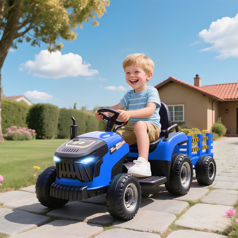 AIYAPLAY Ride on Tractor with Trailer, 12V Electric Vehicle with Remote Control, Ride on Car for Kids with Music, Shifter, Start-Up Sound for Ages 3-8 Years, Blue