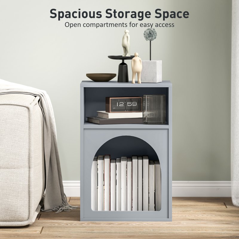 HOMCOM Bedside Table, Modern Bedside Cabinet with 2 Open Compartments and Unique Arch Design, Side Table for Living Room, Bedroom, Grey