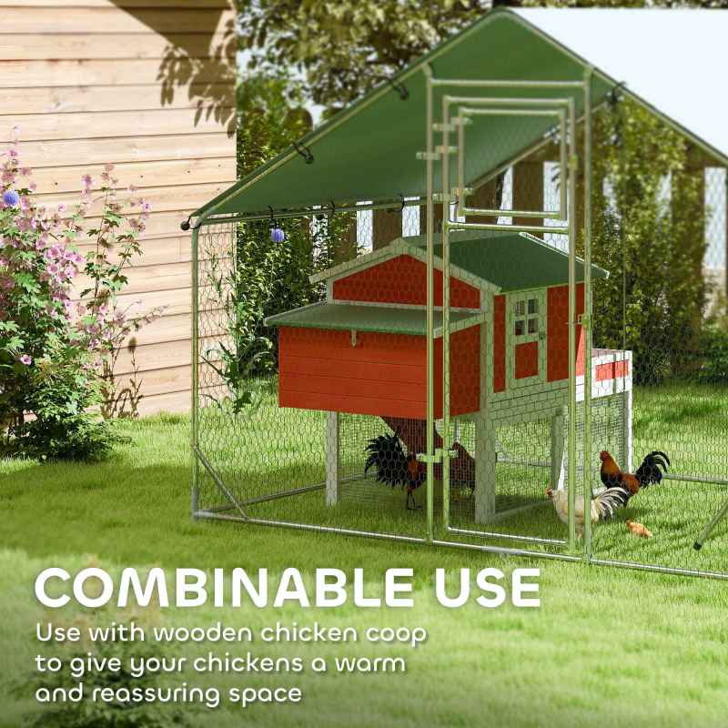 PawHut Walk-in Chicken Run, Galvanised Chicken Coop with Water-Resistant and UV-Resistant Cover, Feeding Door, Hanging Feeder, Perch, Hen Poultry House, for 6-8 Chickens, Ducks, Rabbits, Geese