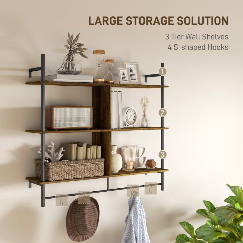 HOMCOM Floating Shelves, 104CM Wall Mounted Ladder Shelf with 4 Hooks, Rustic Hanging Display Shelf for Living Room, Entryway, Kitchen, Rustic Brown