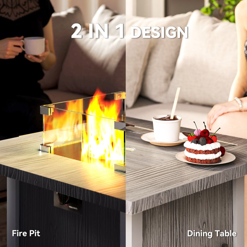 Outsunny Propane Gas Fire Pit Table for Garden, 40000 BTU Smokeless Firepit Outdoor Heater with Waterproof Cover, Glass Screen, Glass Beads and Lid, Wood Effect, 71 x 71 x 62.5cm, Dark Grey