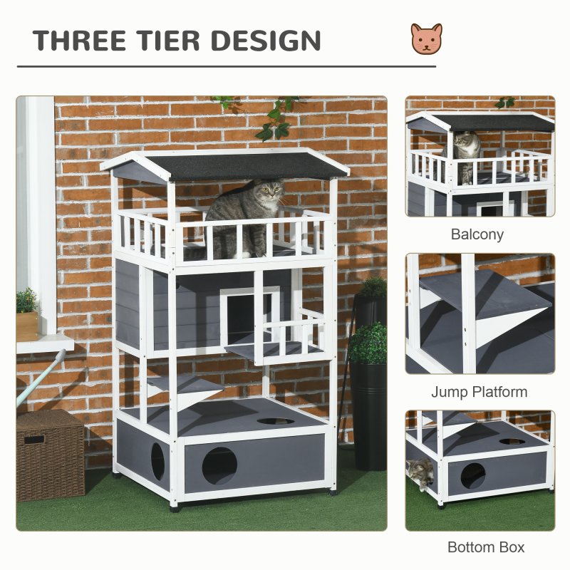 PawHut Wooden Outdoor Cat House 3-Tier for Winter Kitten Shelter Lodge w/ Tilted Roof Terrace Jump Step Bottom Tray Elevated Base Waterproof Paint Grey
