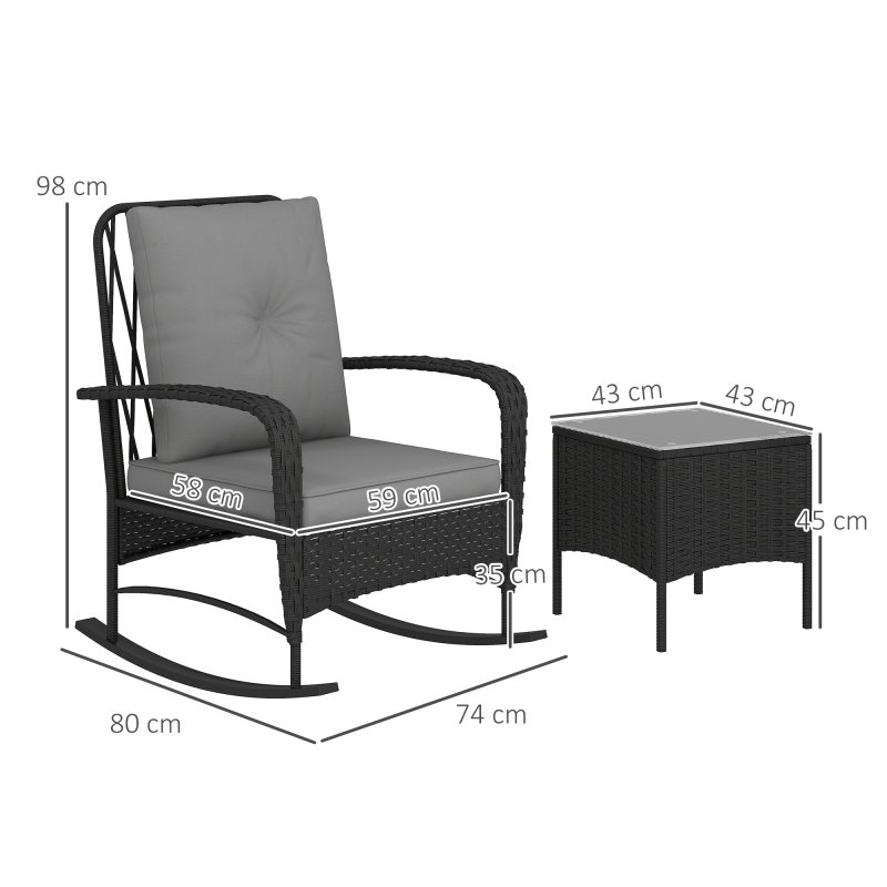 Outsunny 3 Pieces Rattan Bistro Set, Wicker Garden Furniture Set with Cushions, Glass Top Coffee Table and Rocking Chairs, Small Balcony Furniture for Outdoor, Porch, Black