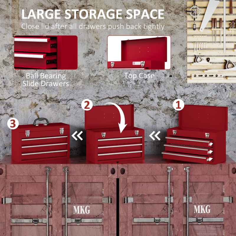 DURHAND 3 Drawer Tool Chest, Lockable Metal Tool Box with Ball Bearing Runners, Portable Toolbox, 510mm x 220mm x 320mm, Red