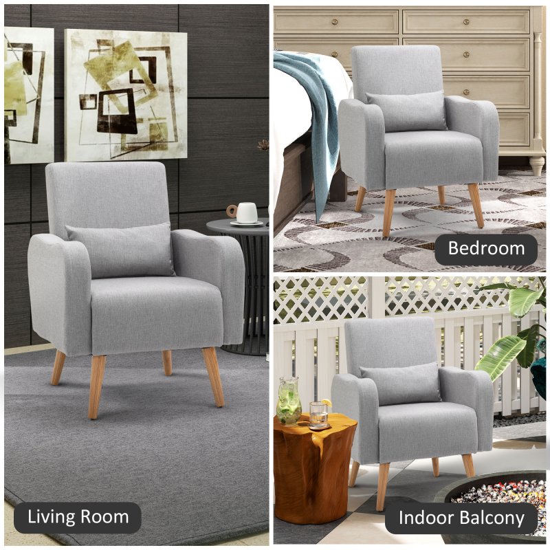 HOMCOM Accent Chair, Linen-Touch Armchair with Pillow, Upholstered Leisure Lounge Sofa for Living Room, Club Chair with Rubber Wooden Frame