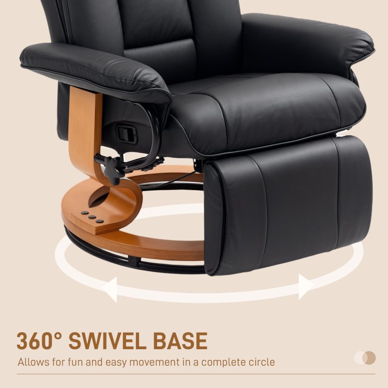 HOMCOM Manual Recliner Chair with Footrest, Upholstered Reclining Armchair with Adjustable Backrest and Steel Frame, PU Leather Swivel Chair for Living Room, Bedroom, Black