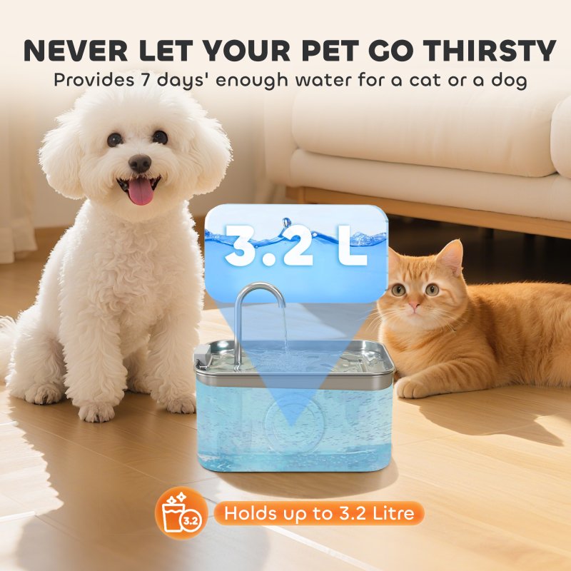 PawHut Cat Water Fountain for Drinking, 3.2L Stainless Steel Cat Fountain, Ultra-Silent, Automatic, Visible Water-Level, for Kittens, Dogs and Other Pets