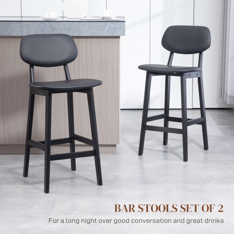 HOMCOM Bar Stools Set of 2, Breakfast Bar Chairs, PU Leather Upholstered Kitchen Stools with Backs, Footrests and Solid Wood Legs, Black