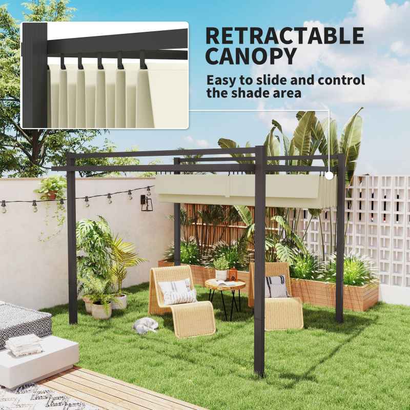 Outsunny 3 x 3(m) Pergola with Retractable Roof Canopy, Aluminium Frame Garden Gazebo Outdoor Sun Shade Shelter for Grill, Patio, Deck, Khaki