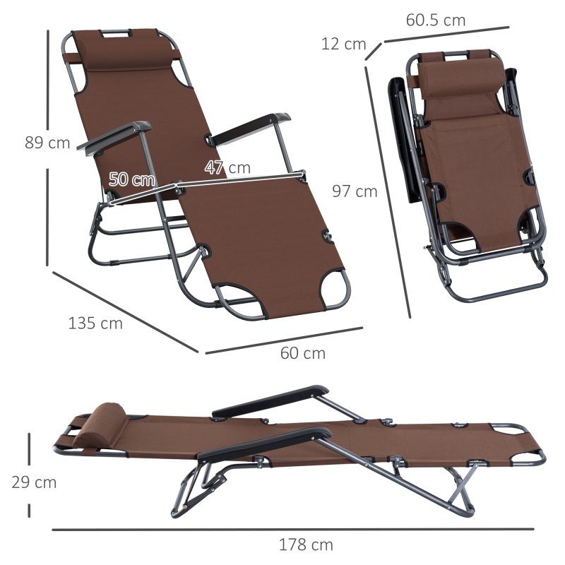 Outsunny 2 in 1 Folding Sun Lounger Reclining Garden Chair with 2-Level Adjustable Backrest, Outdoor Zero Gravity Recliner Garden Chair with Head Pillow and Armrests, Brown
