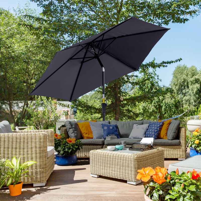 Outsunny 2.6M Garden Parasol Umbrella with Tilt and Crank, Outdoor Sun Parasol Sunshade Shelter with Aluminium Frame, Grey