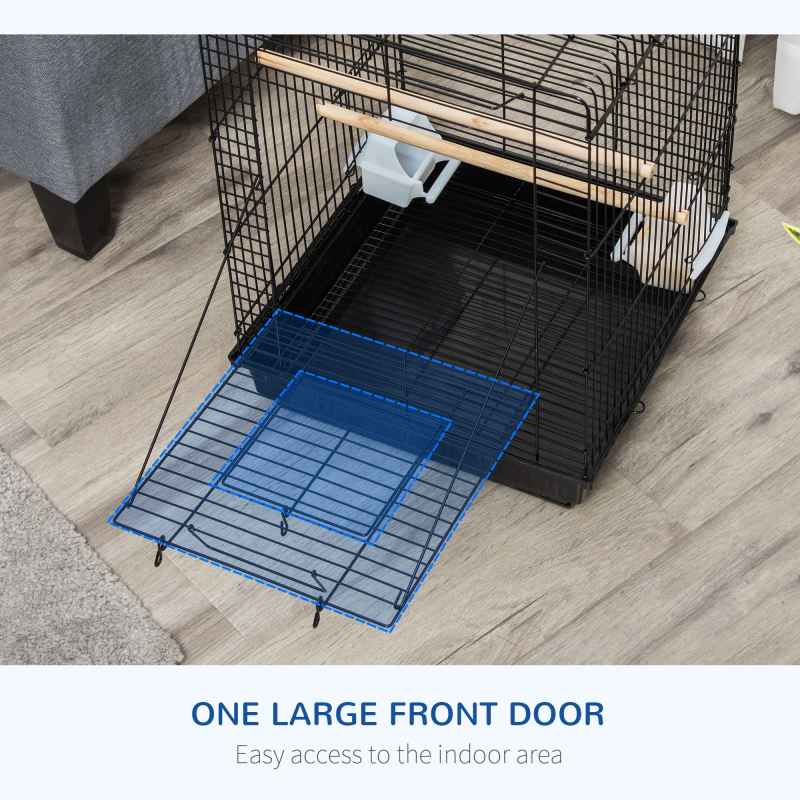PawHut Bird Cage Parrot Cage Budgie Cage 59cm with Openable Top, Stand, Tray, Handles, Feeding Bowls for Parakeet, Finch, Black