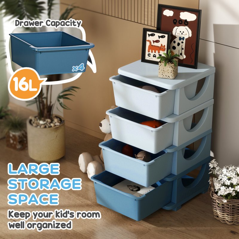 HOMCOM Kids Storage Units with 4 Drawers 4 Tier Chest Vertical Dresser Tower Toy Organiser for Nursery Playroom Kindergarten Blue