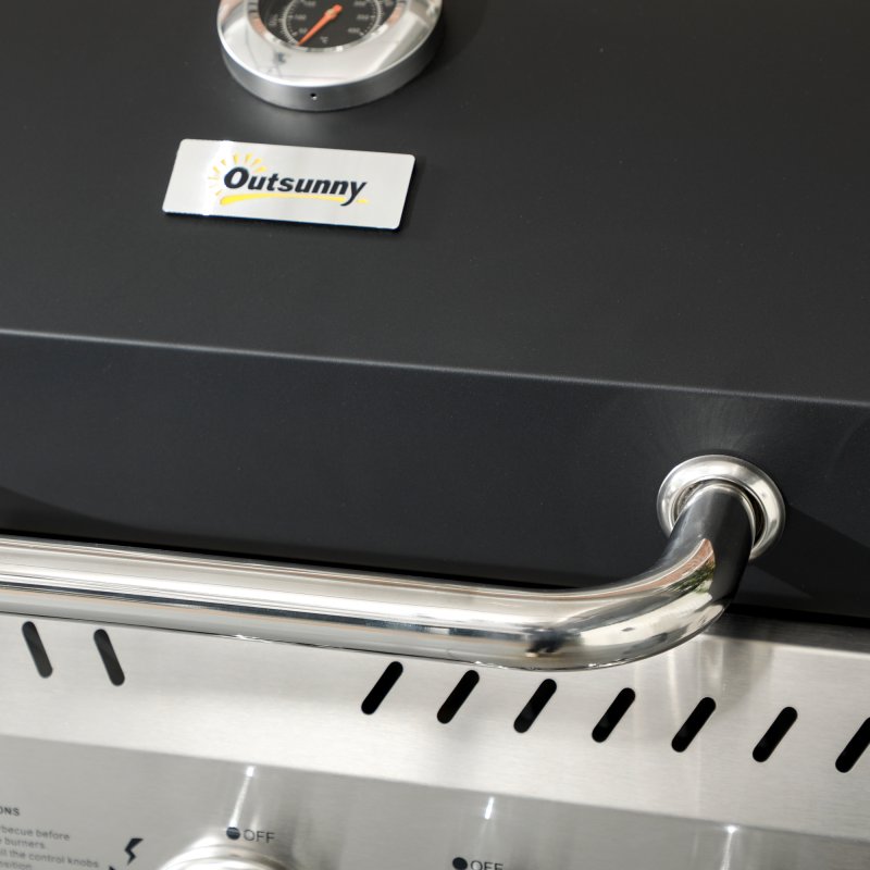 Outsunny 3+1 Gas Burner Grill, 11.5 kW Propane Gas Barbecue BBQ Grill with Wheels, Warming Rack, Shelves, Thermometer, Bottle Opener, Black