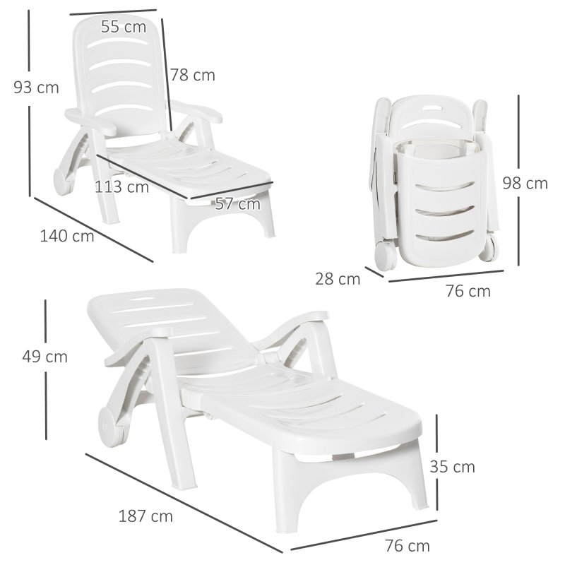Outsunny Folding Sun Lounger with Wheels, 5-Position Adjustable Outdoor Deck Chair Furniture, Garden Beach Patio Pool Lounger Recliner Seat, White