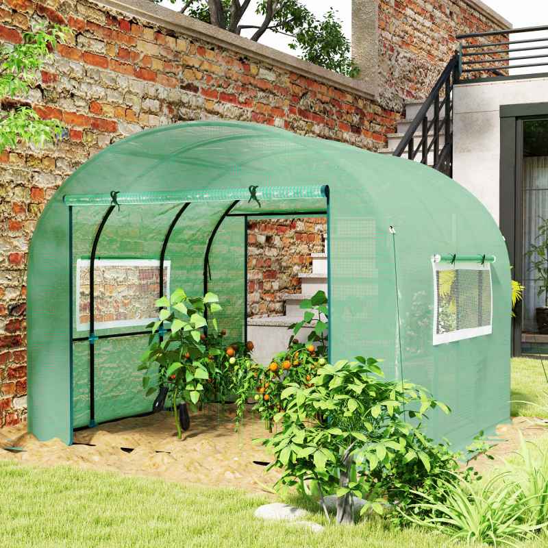 Outsunny 3 x 3 x 2m Polytunnel Greenhouse with Doors and Mesh Windows, Walk-in Grow House Tent with UV-resistant PE Cover and Steel Frame, Green