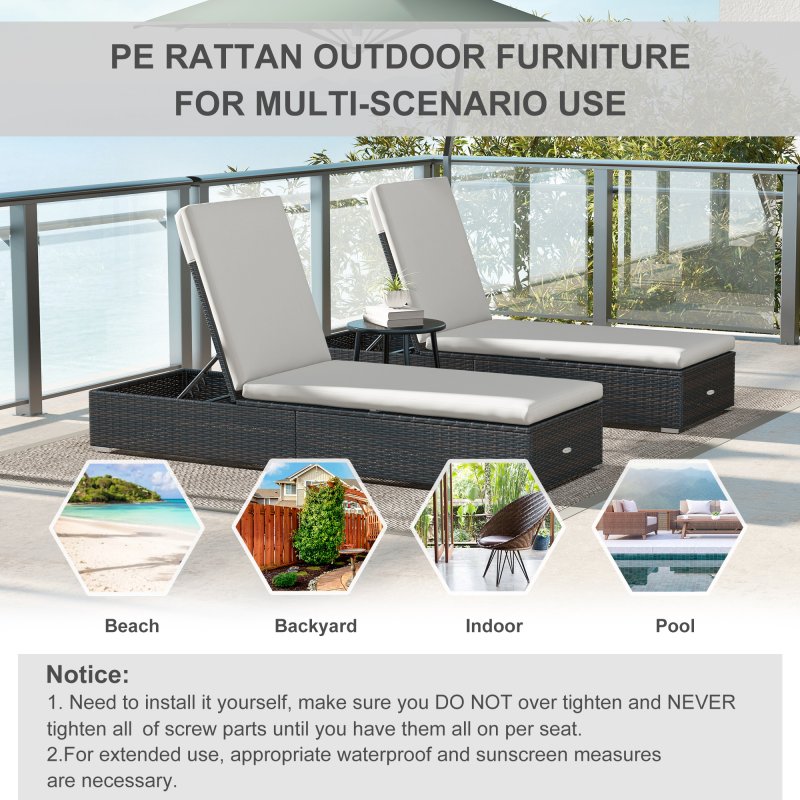 Outsunny PE Rattan Sun Loungers Set of 2, Five-level Adjustable Recliner Chairs w/ Soft Padded Cushion for Patio, Garden, Mixed Brown