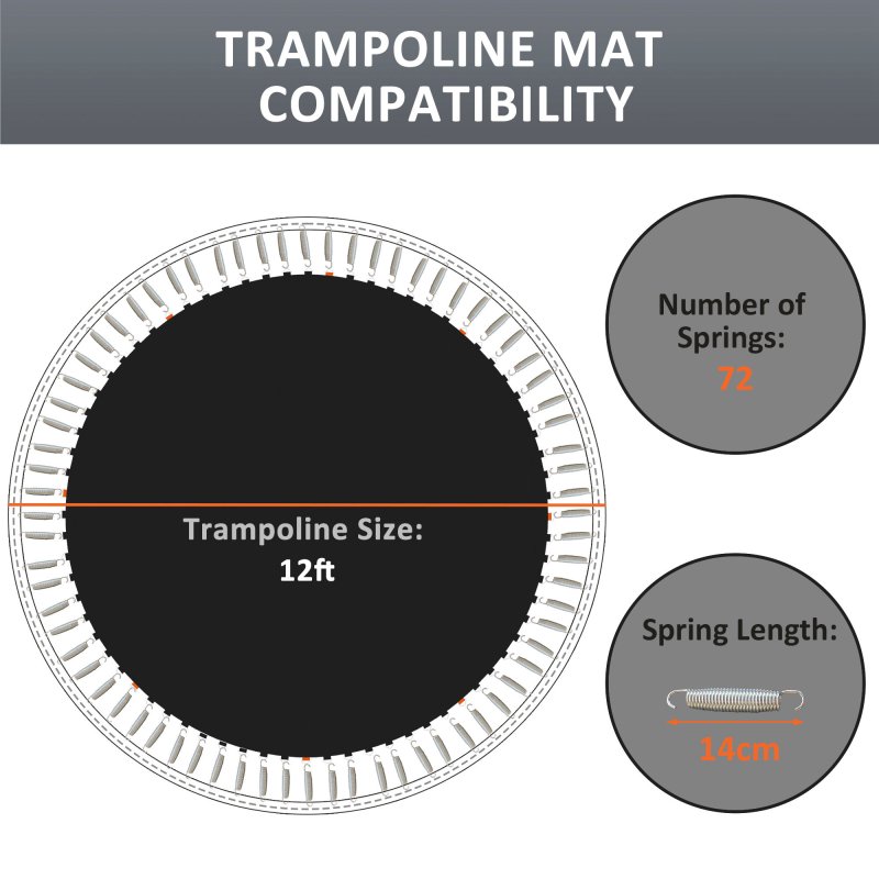 SPORTNOW Trampoline Replacement Mat with Eight Rows of Stitching, Spring Pull Tool, 72 V-Hooks, for 12ft Trampoline, Using 14cm Springs, Trampoline Jumping Mat, Black