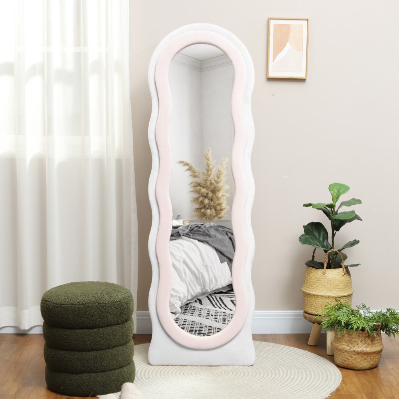 HOMCOM Irregular Wavy Mirror Full Length, 160 x 50cm Free Standing, Leaning or Wall Mirror with Velvet Wrapped Frame and Arched Top for Living Room, Bedroom, White and Pink