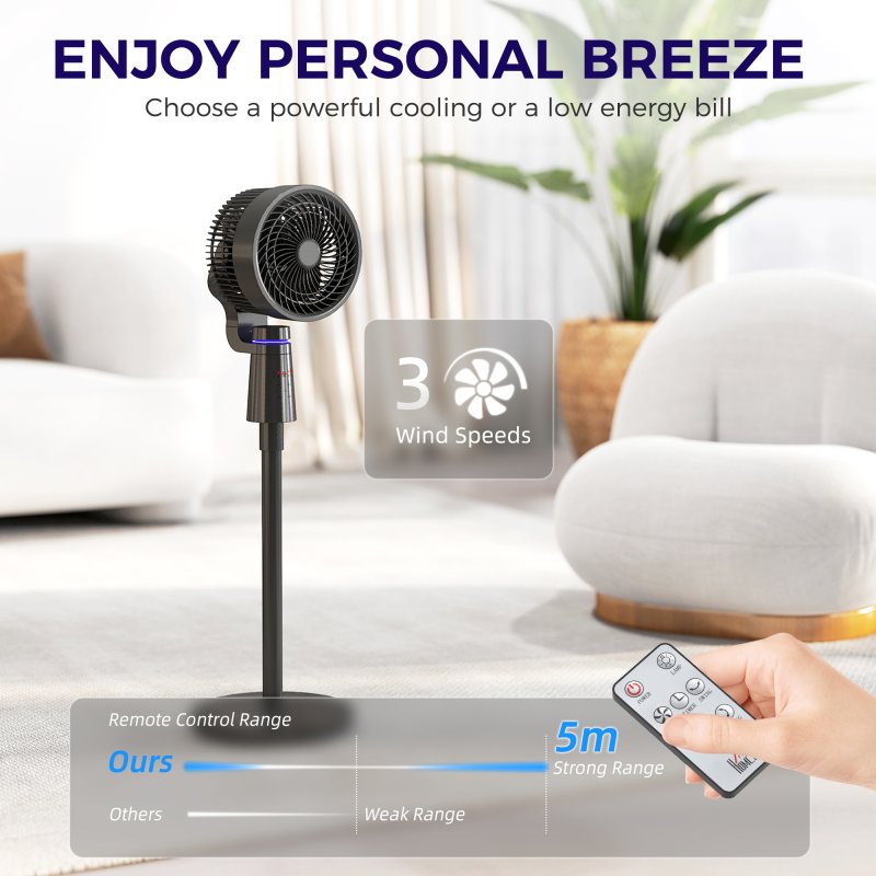 HOMCOM 7" Pedestal Fan, 70°+90° Oscillating Air Circulator with Remote Control, 7H Timer, 3 Speeds, Standing Fan for Home Office, Bedroom, Black