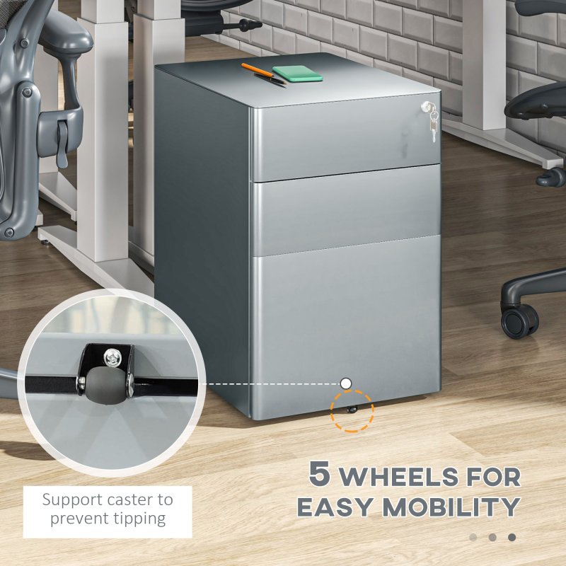 Vinsetto 3-Drawer Mobile Filing Cabinet, Steel Lockable File Cabinet for A4, Legal, Letter, Compact Under Desk Storage Unit with Pre-Assembled Body Except Wheels for Home Office, 39 x 48 x 59cm, Grey