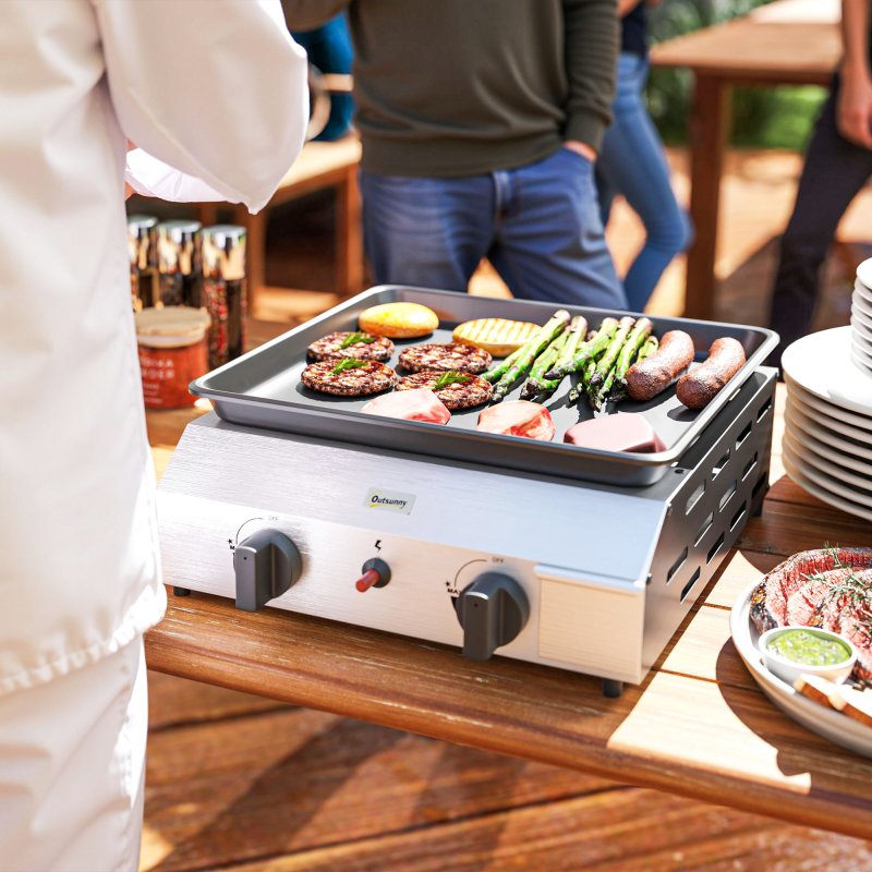Outsunny Gas Plancha Grill with 2 Stainless Steel Burners, 4.8kW, Portable Tabletop Gas BBQ with Non-Stick Griddle for Camping, Picnic, Garden, Party, Festival, Silver Tone