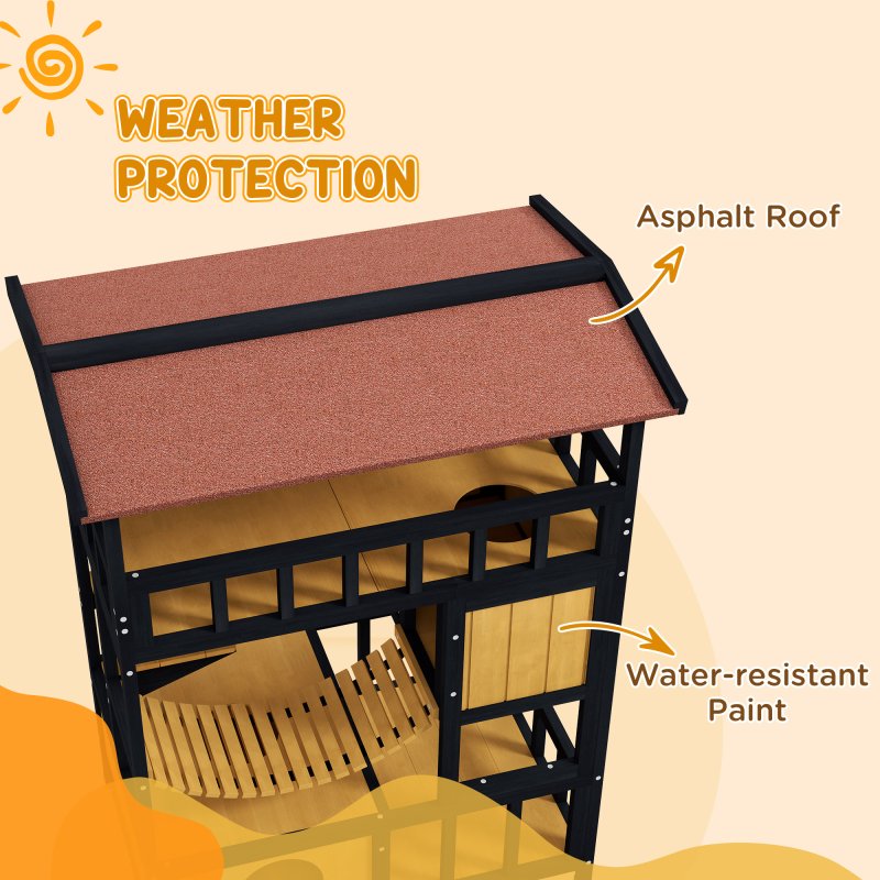 PawHut Outdoor Cat House Wooden Cat Shelter, 4 Tier with Suspension Bridge, Balcony, Escape Doors Water-Resistant Roof, for 1-2 Cats