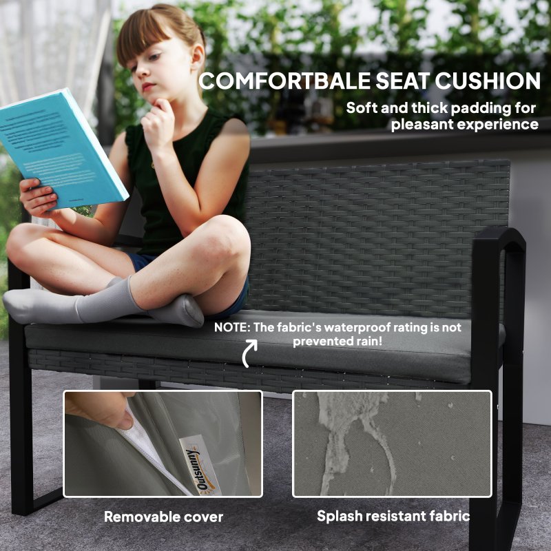 Outsunny 2 Seater Rattan Garden Bench, Outdoor Bench with Cushion, PE Wicker Garden Loveseat with Armrests, Galvanised Steel Frame for Patio, Park, Dark Grey