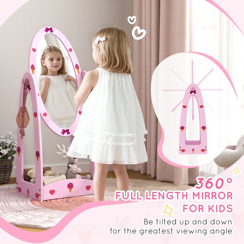AIYAPLAY Kids Mirror Full Length with Storage Shelf, 360?? Rotating Standing Mirror for Bedroom, Kids Room, Nursery Room, Hot Pink