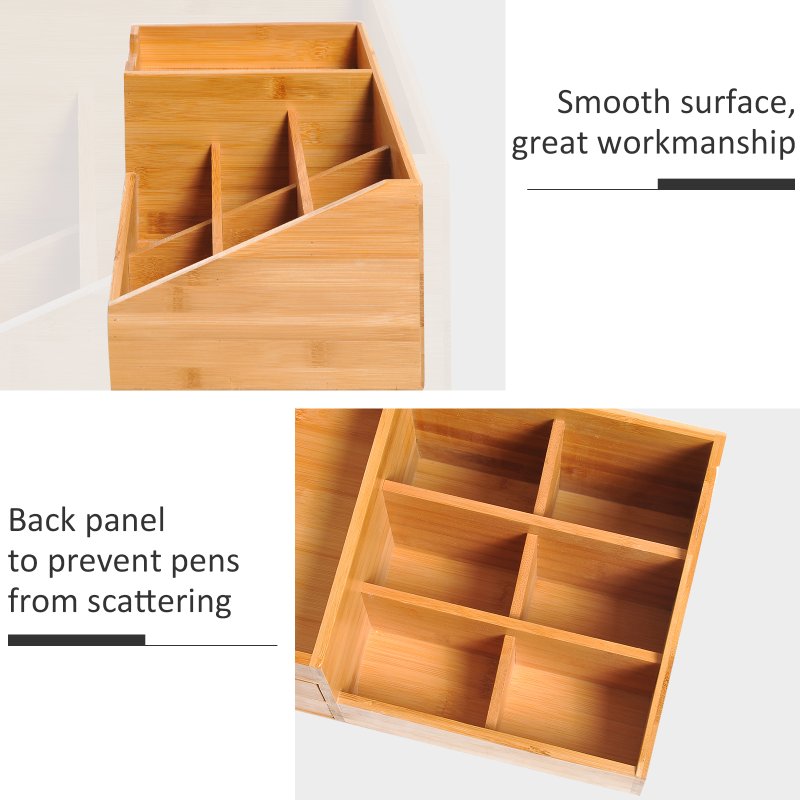 HOMCOM Desk Organiser Holder, Bamboo Multi-Function Storage Caddy with 7 Storage Compartments and 2 Drawers for Home Office Stationary Supplies
