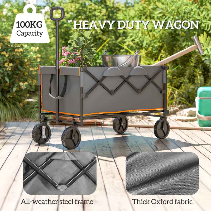 Outsunny 160L Festival Trolley on Wheels, Folding Camping Trolley Cart w/ Tailgate, 100kg Heavy Duty Garden Collapsible Folding Wagon w/Adjustable Handle, Carry Bag for Beach Picnic, Grey and Orange