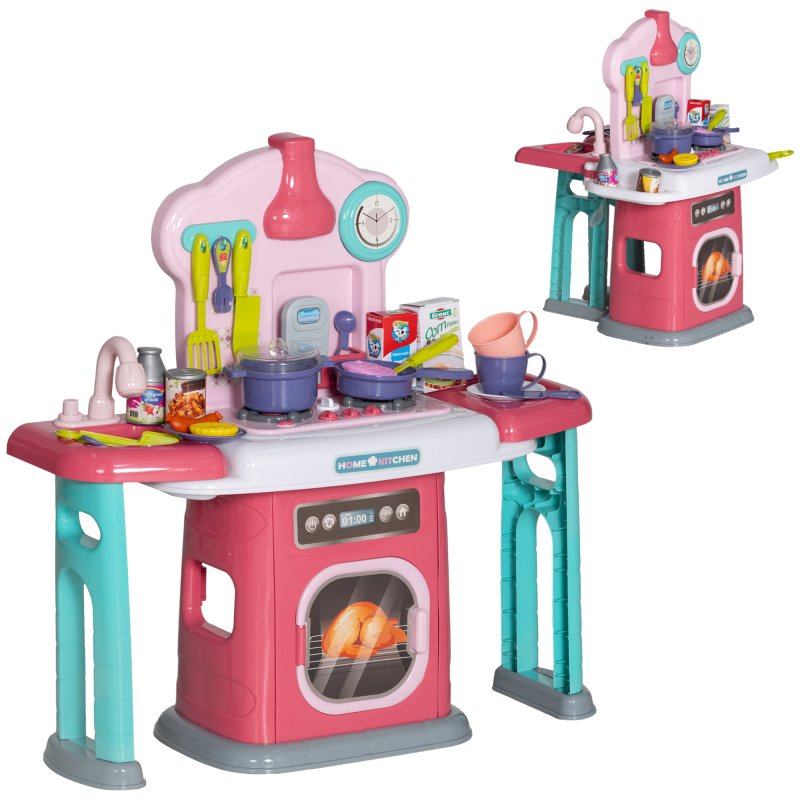AIYAPLAY Toy Kitchen, 45-Piece Kids Kitchen with Rotating Side Tables, Toddler Pretend Role Play Kitchen with Light, Sounds, Spray Effect for Ages 3-6 Years, Pink