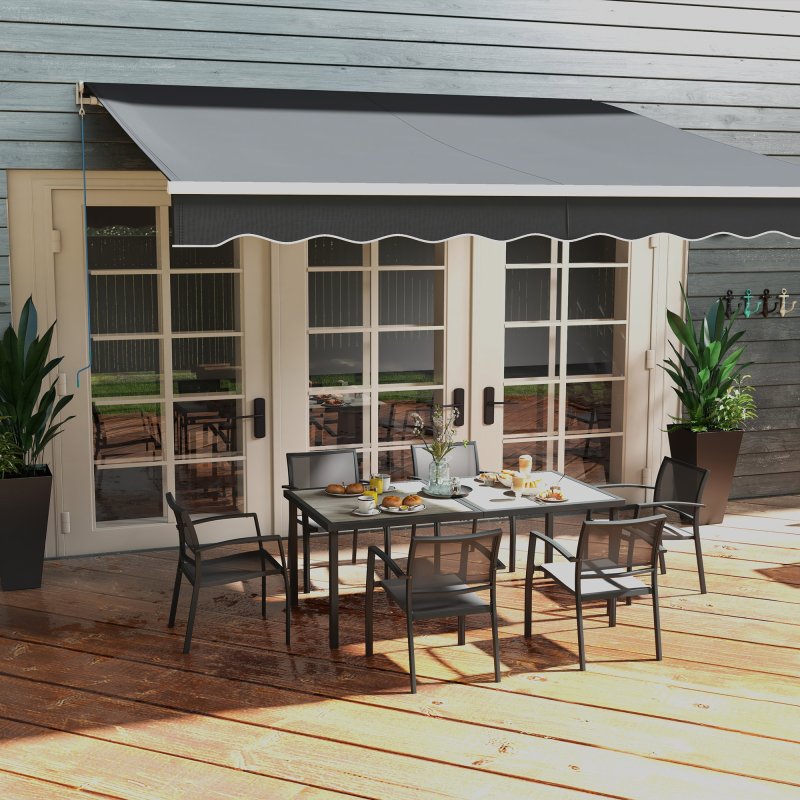 Outsunny 6 Seater Garden Dining Set, Stackable Armchairs and Wood-like Top Table, Space-Saving Outdoor Table and Chairs with Breathable Mesh Seat, Garden Furniture Set, Grey