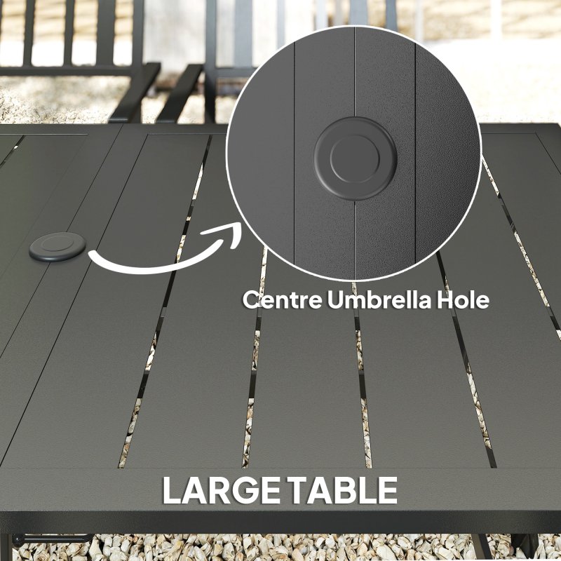Outsunny 7 Pieces Patio Dining Set, 6 Seater Outdoor Table and Stackable Chairs with Umbrella Hole, Galvanised Steel Frame, Space Saving, for Poolside, Garden, Black