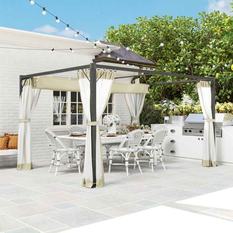 Outsunny 3 x 4 m Pergola with Retractable Roof Canopy and Netting Sidewalls, Aluminium Frame Garden Gazebo Outdoor Sun Shade Shelter for Grill, Patio, Deck, Khaki