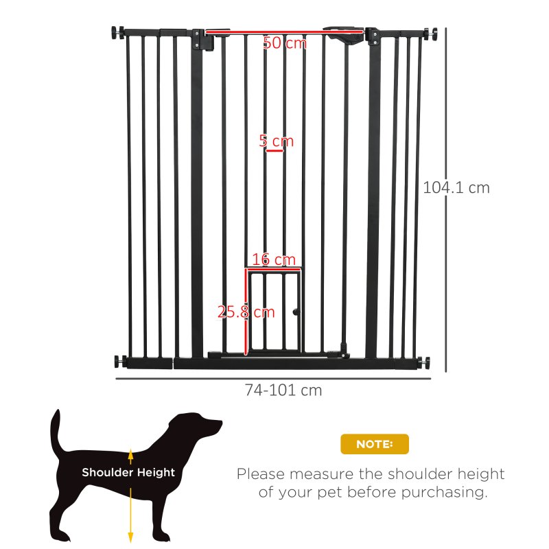PawHut Extra Tall Dog Gate with Cat Flap, Pet Safety Gate for Doorways Stairs with Auto Close Double Locking, 104 cm Tall 74-101 cm Wide, Black