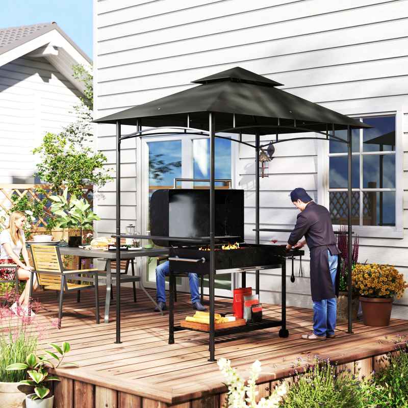 Outsunny 2.4 x 1.5 m (8' x 5') Grill Gazebo Canopy with LED Lights, Double Tiered Outdoor BBQ Gazebo Shelter with 2 Side Shelves, Storage Basket and Hooks for Garden, Barbecue, Picnic, Dark Grey