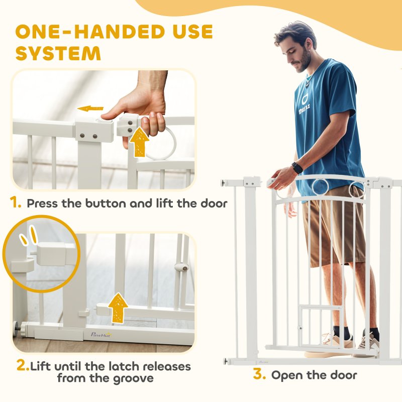 PawHut Dog Stair Gate 96cm Extra Tall Height, 76-104cm Adjustable Width Pressure Fit Safety Gate with Cat Door, 7cm and 14cm Extensions for Stairs, Doorways, Easy Installation, White