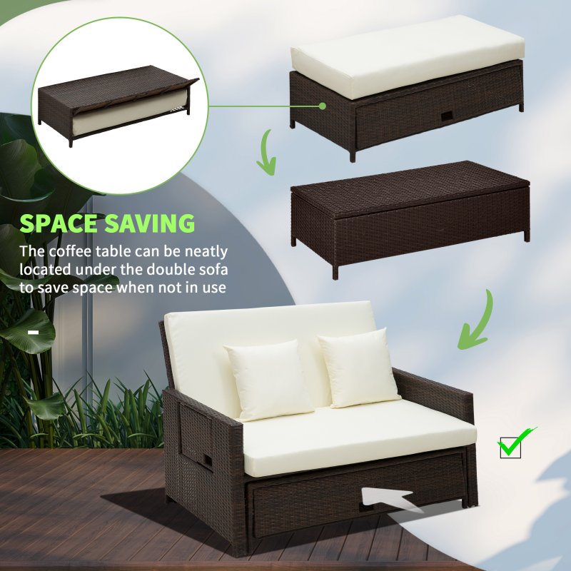 Outsunny Rattan Garden Daybed, Assembled Double Sun Lounger with 5-Level Adjustable Back, Storage Ottoman, Cushions, Pillows and Retractable Trays, Outdoor Loveseat Sofa Bed for Patio, Brown