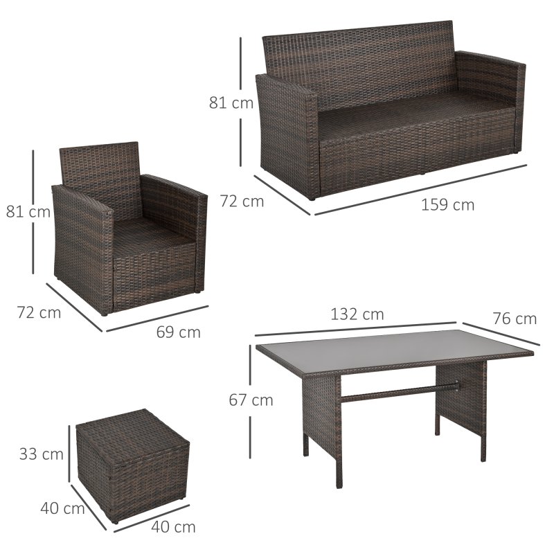 Outsunny 6 Pieces Rattan Garden Furniture Set, 7 Seater Wicker Garden Sofa Set with Glass Top Dining Table, Armchairs and Footstools, Outdoor Furniture with Cushions for Patio, Mixed Brown