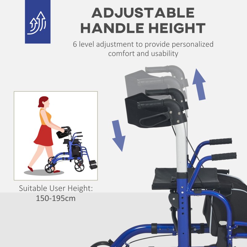 HOMCOM 2 in 1 Wheelchair Transport Chair & Folding Rollator Walker with Seat, Backrest, Footrest, Lightweight Walking Frame with Bag, Adjustable Height, 4 Wheeled Walker for Seniors