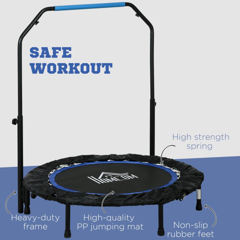 HOMCOM 40" Foldable Mini Trampoline Fitness Trampoline Rebounder for Adults with Adjustable Foam Handle, for Indoors, Outdoors, Cardio Training, Blue