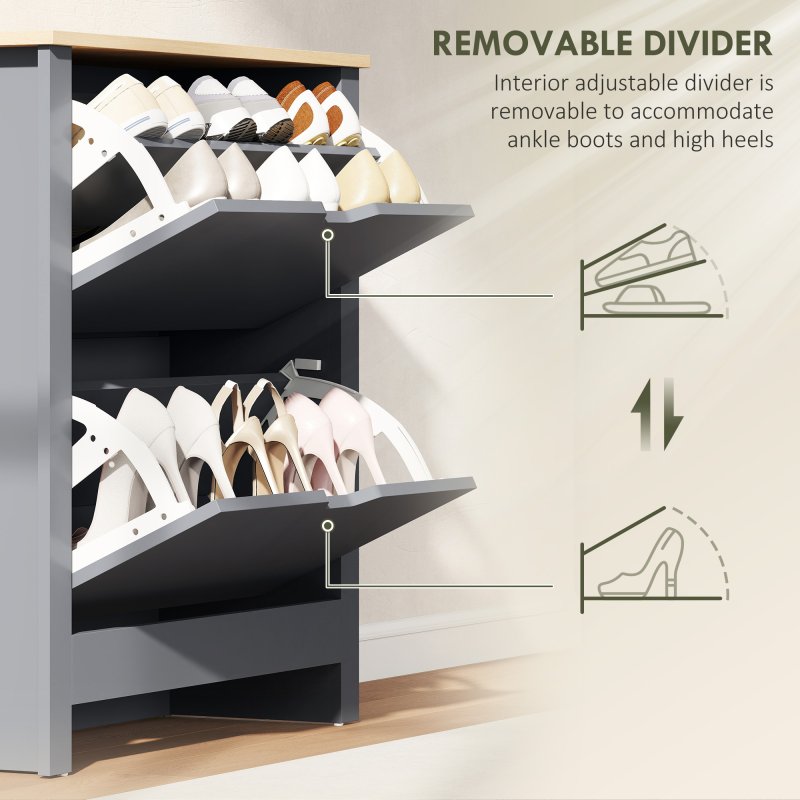 HOMCOM Narrow Shoe Cabinet, Space Saving Shoe Storage Cabinet with 2 Flip Drawers and Adjustable Shelves for 6-12 Pairs of Shoes for Hallways and Living Room, Charcoal Grey
